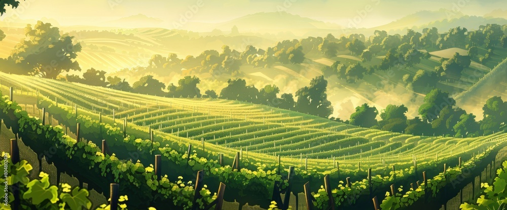 A picturesque vineyard at dawn, rows of grapevines, misty atmosphere, Background Banner HD