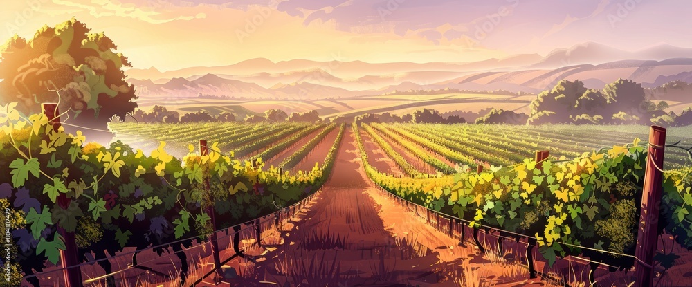 A picturesque vineyard at dawn, rows of grapevines, misty atmosphere, Background Banner HD