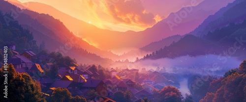 A picturesque village nestled in the mountains at sunrise, misty valleys, warm colors, Background Banner HD