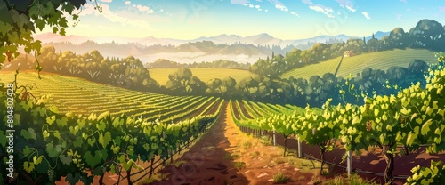 A picturesque vineyard at dawn  rows of grapevines  misty atmosphere  Background Banner HD