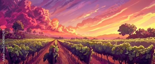 A picturesque vineyard at dusk, rows of grapevines, colorful sky, Background Banner HD photo