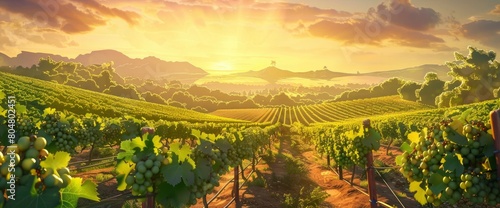 A picturesque vineyard at sunrise  rows of grapevines  misty atmosphere  Background Banner HD