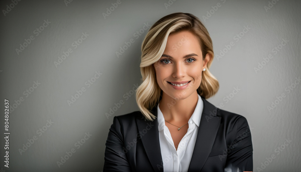 A woman in a sleek black suit stands against a minimalist grey backdrop A woman in a sleek black suit stands against a minimalist grey backdrop