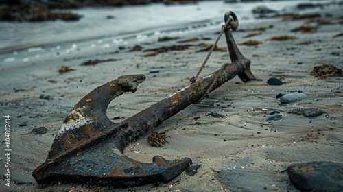 A weathered anchor rests on the sandy beach, surrounded by the gentle lapping of water. Nearby, a vibrant plant adds a touch of life to the serene scene AIG50 © Summit Art Creations