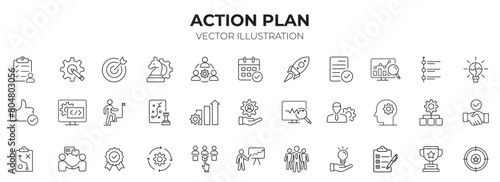 Action plan editable stroke outline icons set. Strategy, tasks, goal, action, planning, collaboration and analysis. Vector Illustration photo