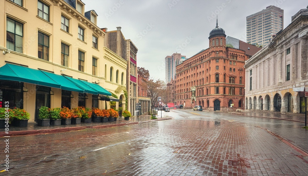 Obraz premium レンガ敷きの町並みに佇む歴史的建築と現代の調和