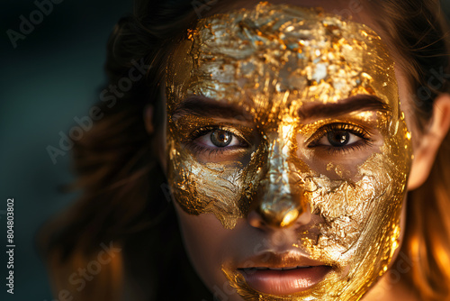 Portrait of a beautiful woman with gold mask on her face, Generative Ai photo