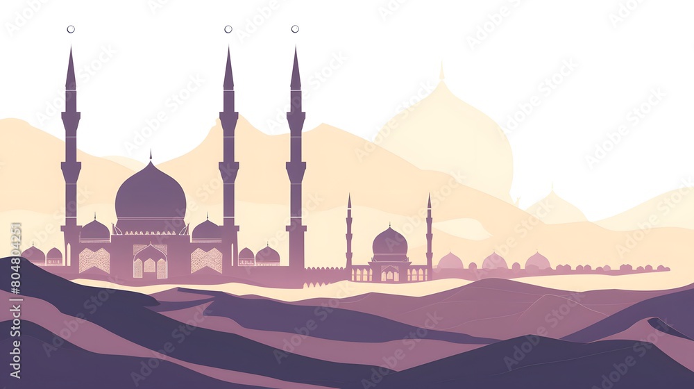 A tranquil purple-hued illustration of a mosque amidst desert dunes