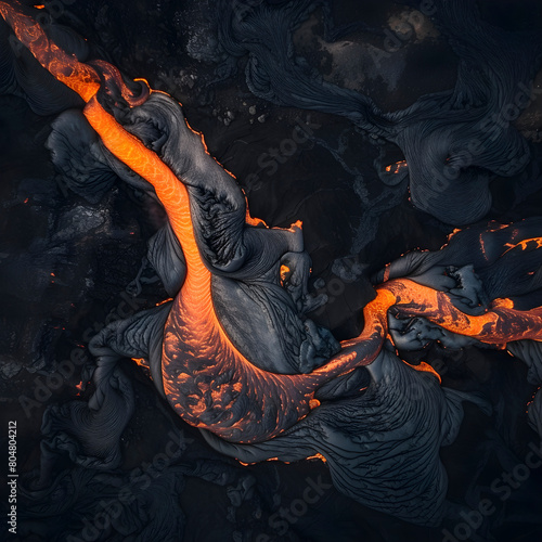 Aerial view of molten lava streams glowing in darkness, showcasing nature's raw power