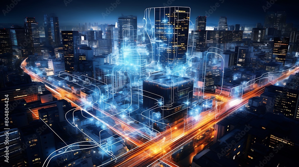 Obraz premium An aerial view of a modern city illuminated at night, with traces of traffic lights and futuristic buildings