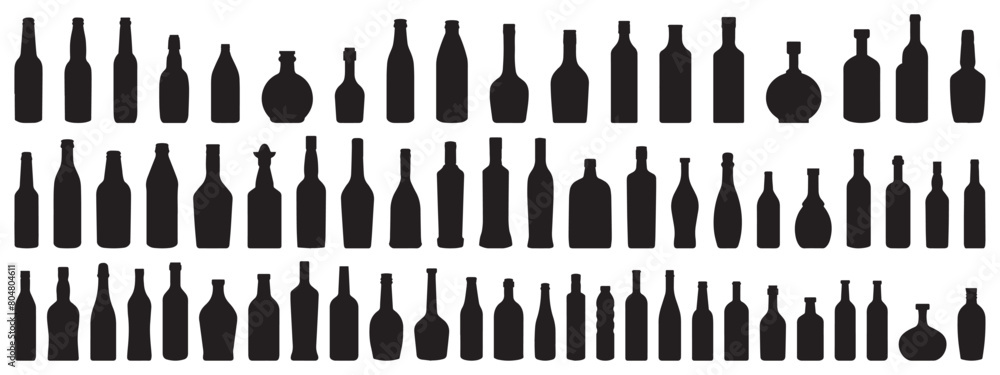 Set of bottles with alcohol. Black silhouette of a vessel for various types of drinks. Wine, beer, rum, whiskey, liquor, cognac. Black illustration on white background.