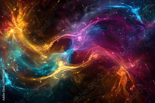 Ethereal neon galaxy with vibrant colors and swirling patterns. Mesmerizing black background composition.