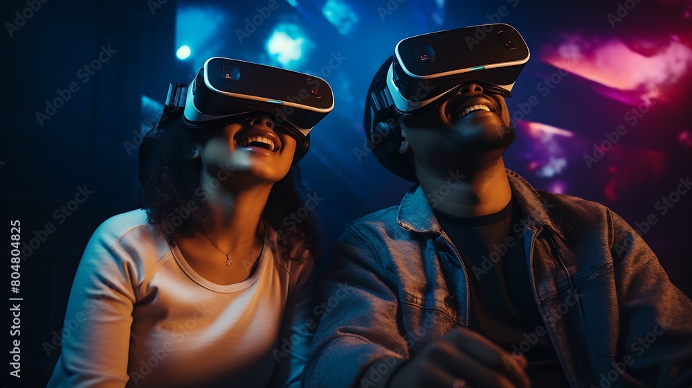 A couple enjoying a virtual reality experience together, with VR headsets and motion controllers A couple enjoying a virtual reality experience together, with VR headsets and motion controllers