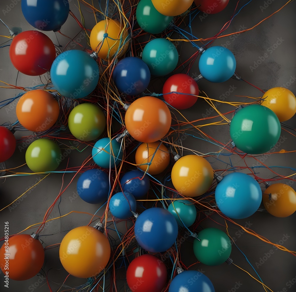 Communication and connection concept with color spheres connected by wires

