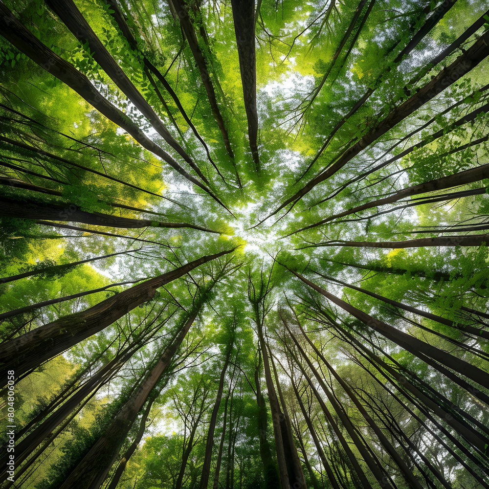 Upward view of lush green forest canopy converging into the sky Upward view of lush green forest canopy converging into the sky