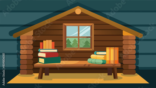 A rustic reading nook with a wooden bench and a pile of books nestled in a corner of a cozy log cabin..