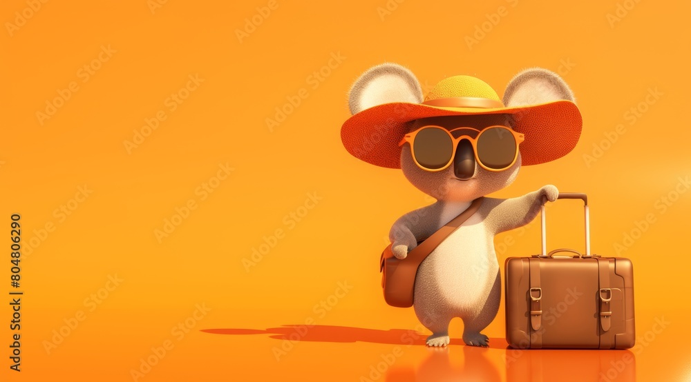 3d koala on vacation, wearing hat, sunglasses and suitcase, isolated on bright background. Advertisement, copy space, banner. Concept of vacation, resort, tourism, summer holiday. 