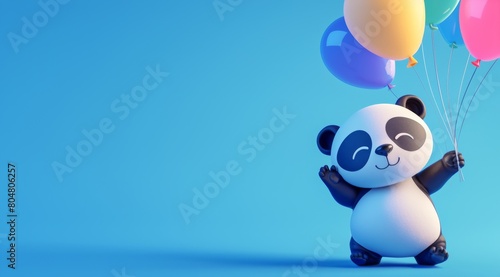 3D cartoon panda holding balloons isolated on color background. Advertisement, copy space, banner. Concept of birthday, business, celebration, finance, festival, kid's carnival.