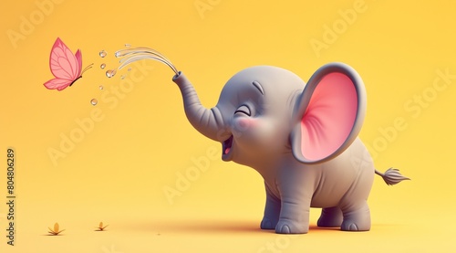 Cute 3D cartoon elephant spraying water at butterfly.  Isolated on color background. Advertisement, copy space, banner. Concept of summer, spring, fun, celebration, newborn baby.