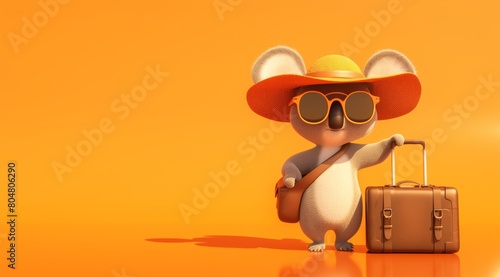 3d koala on vacation, wearing hat, sunglasses and suitcase, isolated on bright background. Advertisement, copy space, banner. Concept of vacation, resort, tourism, summer holiday. 