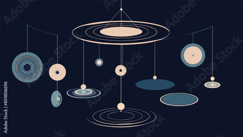 A suspended mobile sculpture with delicate glass discs each etched with intricate patterns that correspond to different aspects of a songs sound Vector illustration