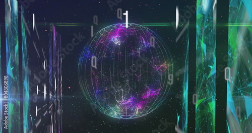 Image of letters and numbers over spinning globe and digital screen