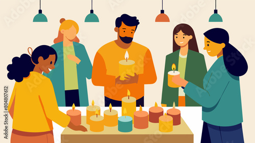 The scent of beeswax candles fills the air as shoppers are drawn to a local artisan who patiently handdips each candle in colorful wax.. Vector illustration