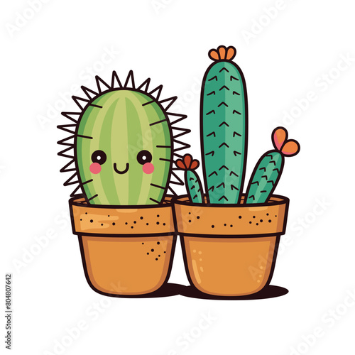 Cute cartoon cacti smiling brown pots, happy plant characters. Friendly cactus illustration home decor, green spiky plants terracotta pots. Cheerful succulents potted, houseplants cartoon style