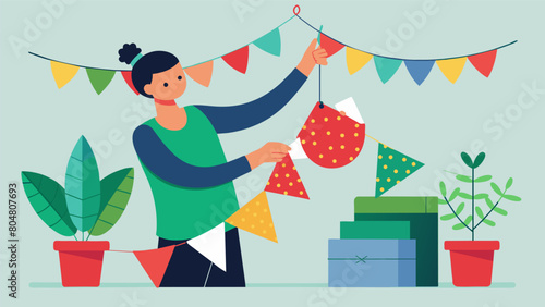 A person reusing old fabric scraps to make a colorful and unique holiday bunting to hang in their living room.. Vector illustration