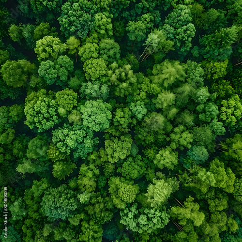 Overhead shot of a vibrant green forest, showcasing nature's dense and intricate canopy