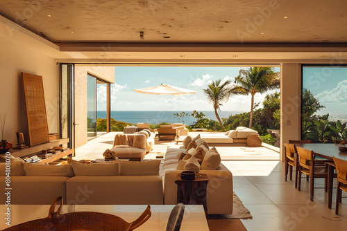 Modern contemporary illuminated house design exterior. Luxurious new construction home with panoramic windows  pool  patio
