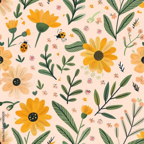 A seamless pattern of spring flowers and blossoms, on beige cream background, Floral illustration, AI Generated.