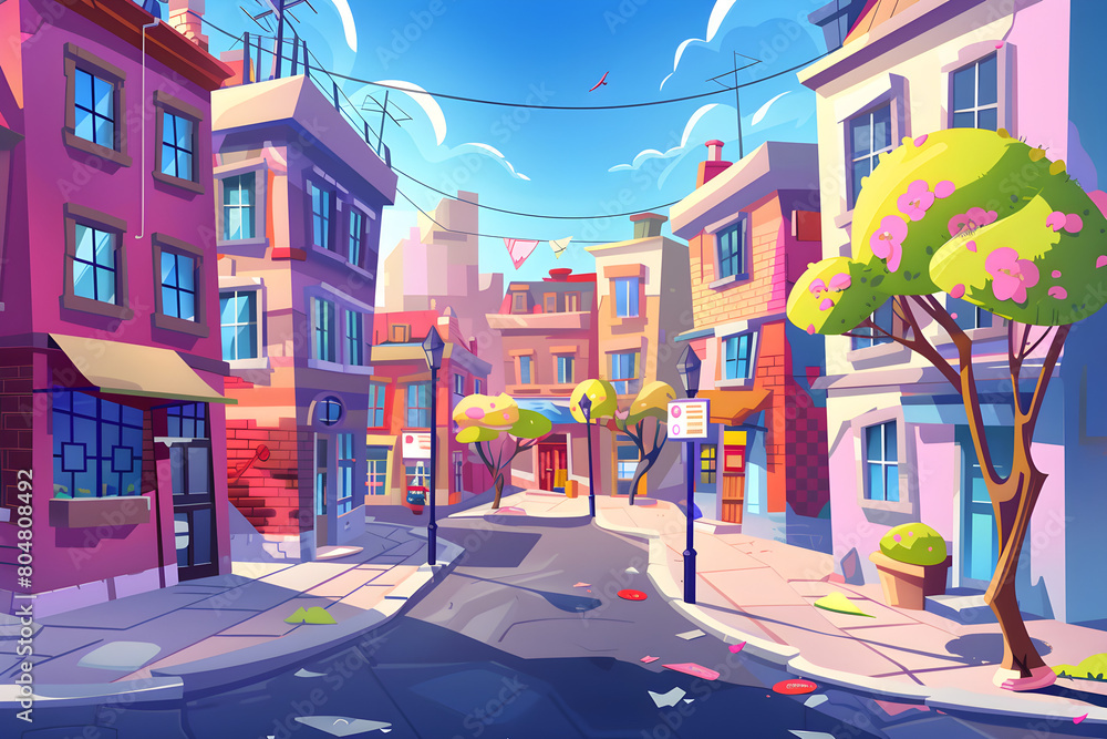 Obraz premium A cartoon-style cityscape with modern buildings, lush greenery and trees
