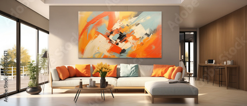 Modern living room bathed in natural light featuring a vibrant abstract painting. Sunlit, spacious living area with orange accents and contemporary artwork, exuding warmth and style