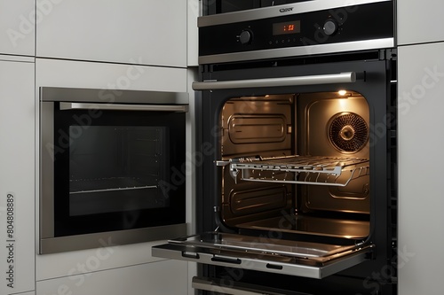 Empty open electric oven with hot air ventilation. New oven. Door is open and light is on
