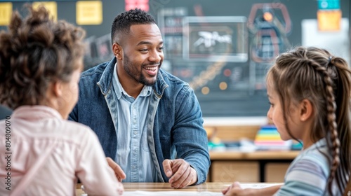 african american teacher and students working together in classroom at school