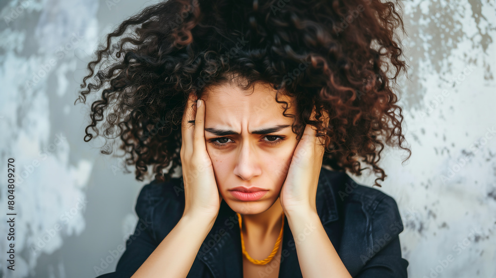 young stress-out woman with curly dark hair, visibly distressed, covering her face with her hands. Her expression is one of deep emotional pain or stress, set against a rough, textured background young stress-out woman with curly dark hair, visibly distressed, covering her face with her hands. Her expression is one of deep emotional pain or stress, set against a rough, textured background