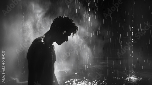 Depression, Depressed man's silhouette outdoors in the rain, darkness, and his posture synergizing to evoke a feeling of purification or overwhelming emotion