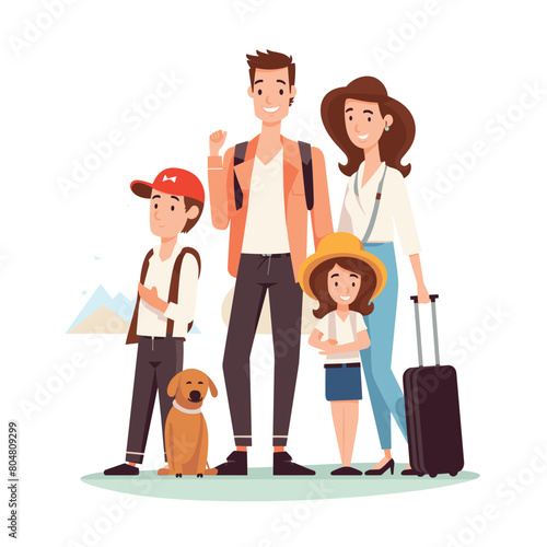 Family ready vacation standing together smiling, happy parents children dog travel. Cartoon family trip, mother father daughter son setting off journey adventure, casual attire. Cheerful group