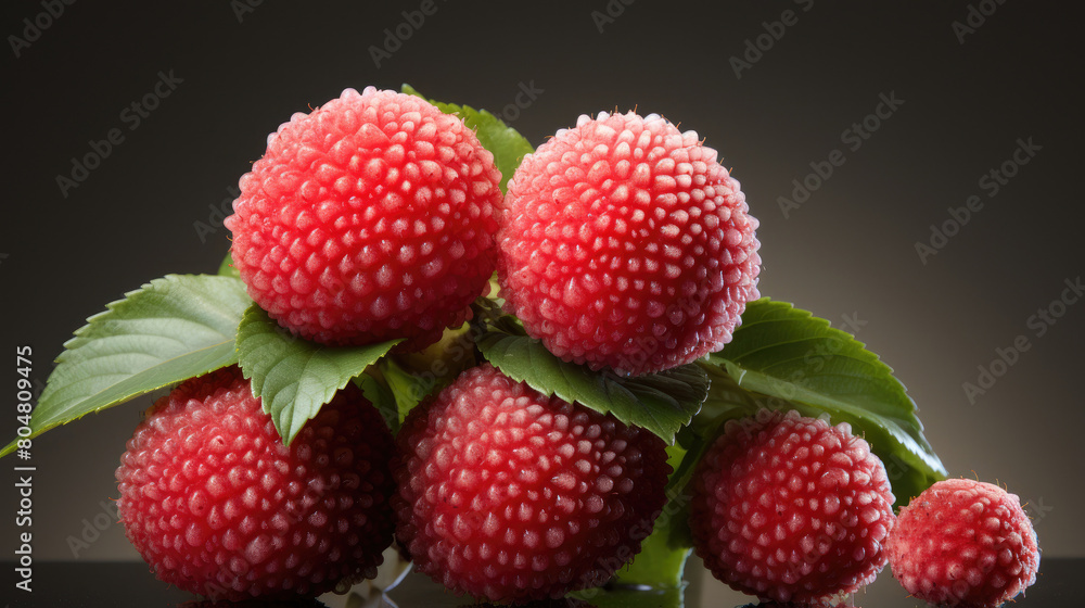 A close-up image of a cluster of fresh and ripe red raspberries, with green leaves, isolated on a black background. A close-up image of a cluster of fresh and ripe red raspberries, with green leaves, isolated on a black background.