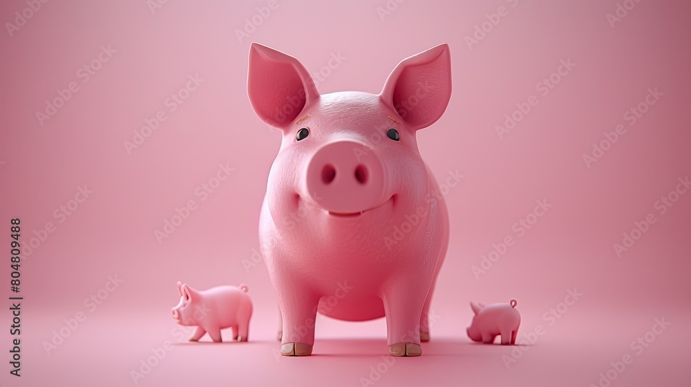 A cute pink piggy bank with two smaller pink piggy banks beside it on a pink background. A cute pink piggy bank with two smaller pink piggy banks beside it on a pink background.