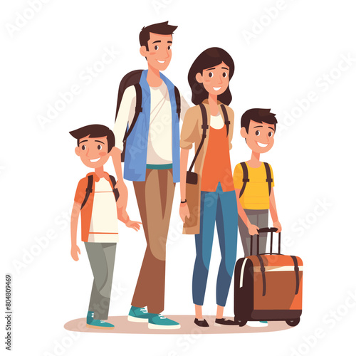 Family vacation travel, happy parents two children ready holiday trip. Smiling cartoon characters man woman kids suitcase backpacks travel attire. Excited family embark journey, leisure tourism