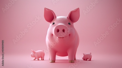 A cute pink piggy bank with two smaller pink piggy banks beside it on a pink background.