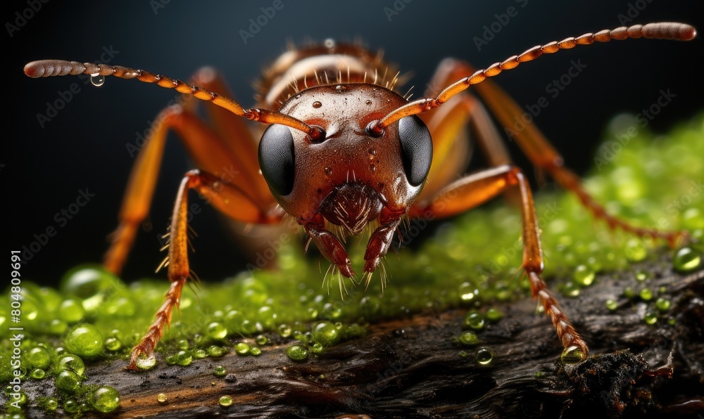 A macro shot of a red and black ant on a green leaf. A macro shot of a red and black ant on a green leaf.