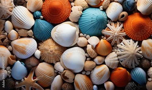 The photo shows a variety of seashells in different colors  such as orange  blue  and white. The shells are arranged in a random pattern.