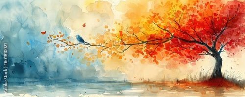 The watercolor painting shows a beautiful autumn landscape with a blue bird sitting on a branch of a tree with red and yellow leaves