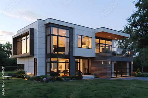 Wallpaper Mural Modern contemporary illuminated house design exterior. Luxurious new construction home with panoramic windows, pool, patio Torontodigital.ca