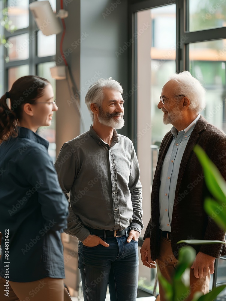 A group of happy and smiling business people standing in an office, wearing casual of different ages from young to old. generative AI A group of happy and smiling business people standing in an office, wearing casual of different ages from young to old. generative AI