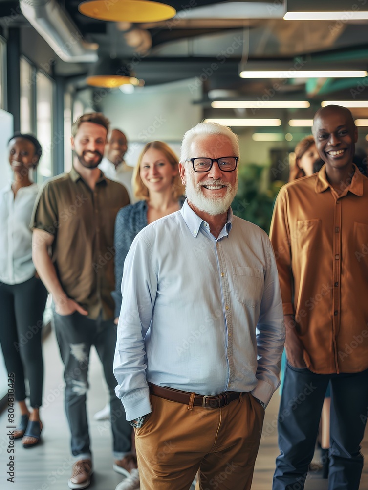 A group of happy and smiling business people standing in an office, wearing casual of different ages from young to old. generative AI