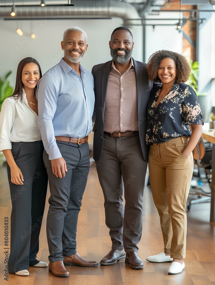 A group of happy and smiling business people standing in an office, wearing casual of different ages from young to old. generative AI A group of happy and smiling business people standing in an office, wearing casual of different ages from young to old. generative AI